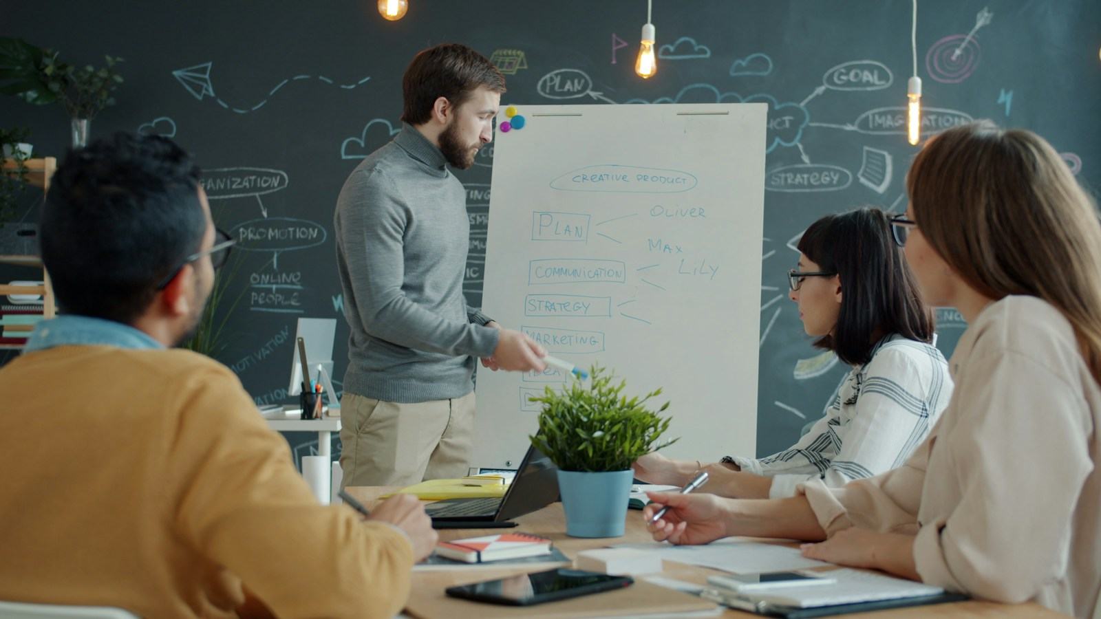 Sesión de trabajo de un equipo directivo frente a una pizarra