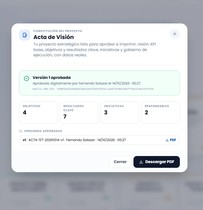 Acta de Visión aprobada con su historial de versiones