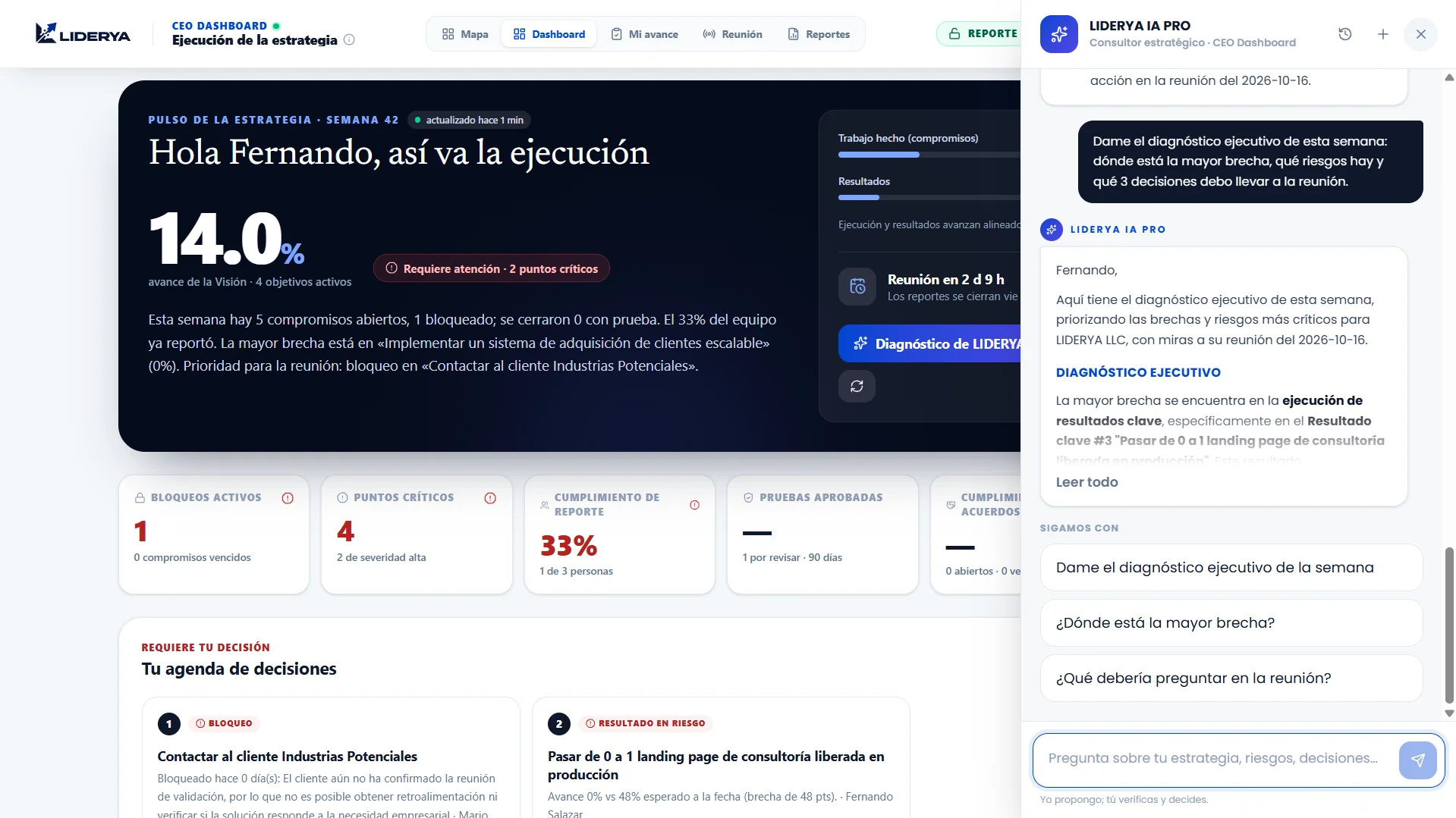 Asistente de LIDERYA IA PRO respondiendo sobre el estado de un objetivo