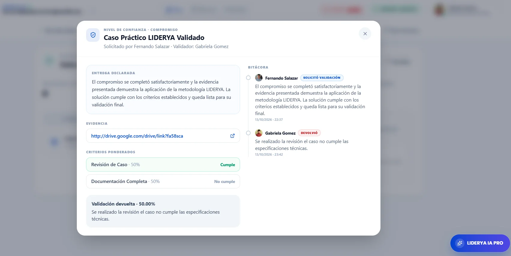 Nivel de Confianza con evidencia adjunta pendiente de validación