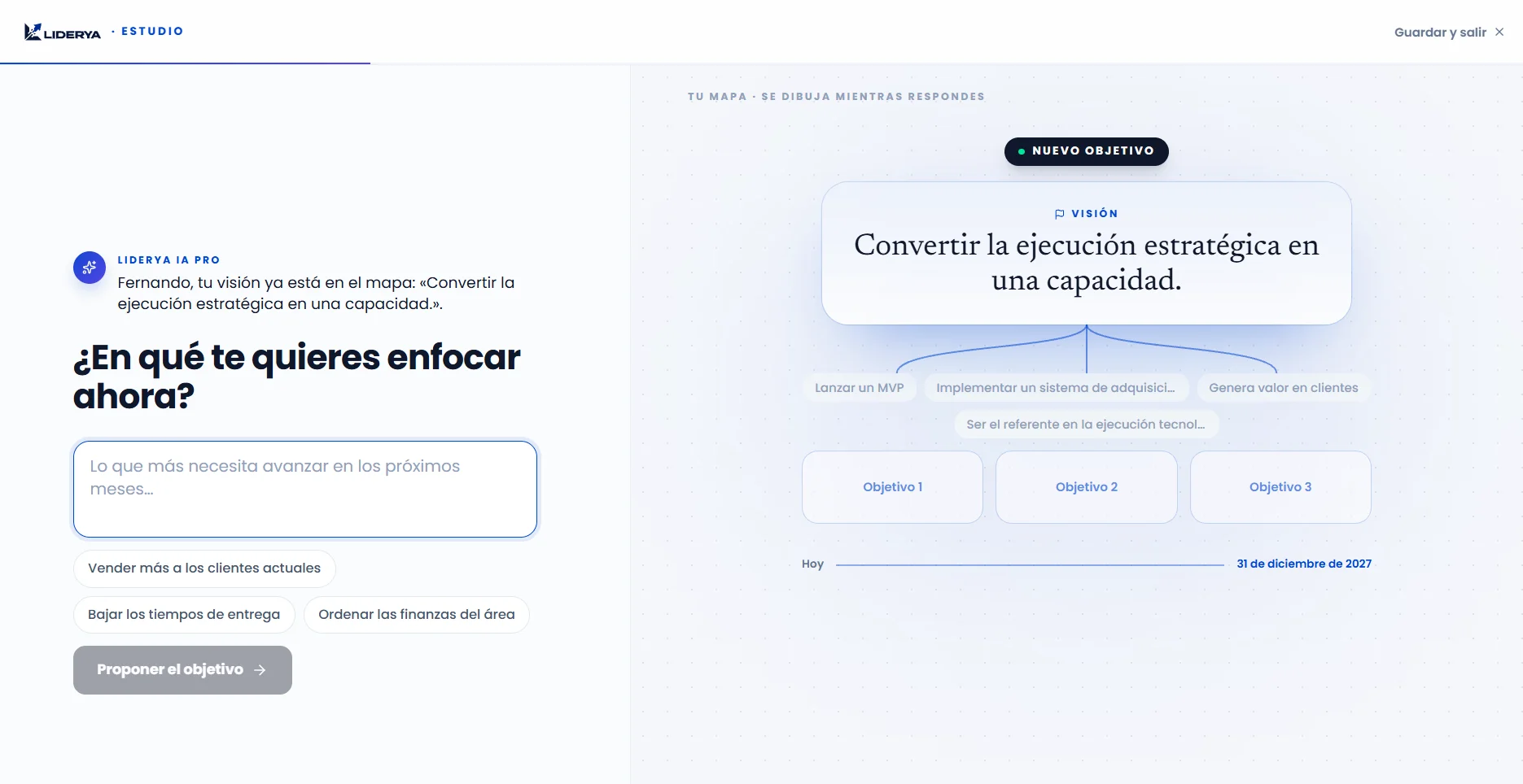 LIDERYA IA PRO en el Estudio: propone el objetivo mientras el mapa se dibuja a partir de la visión